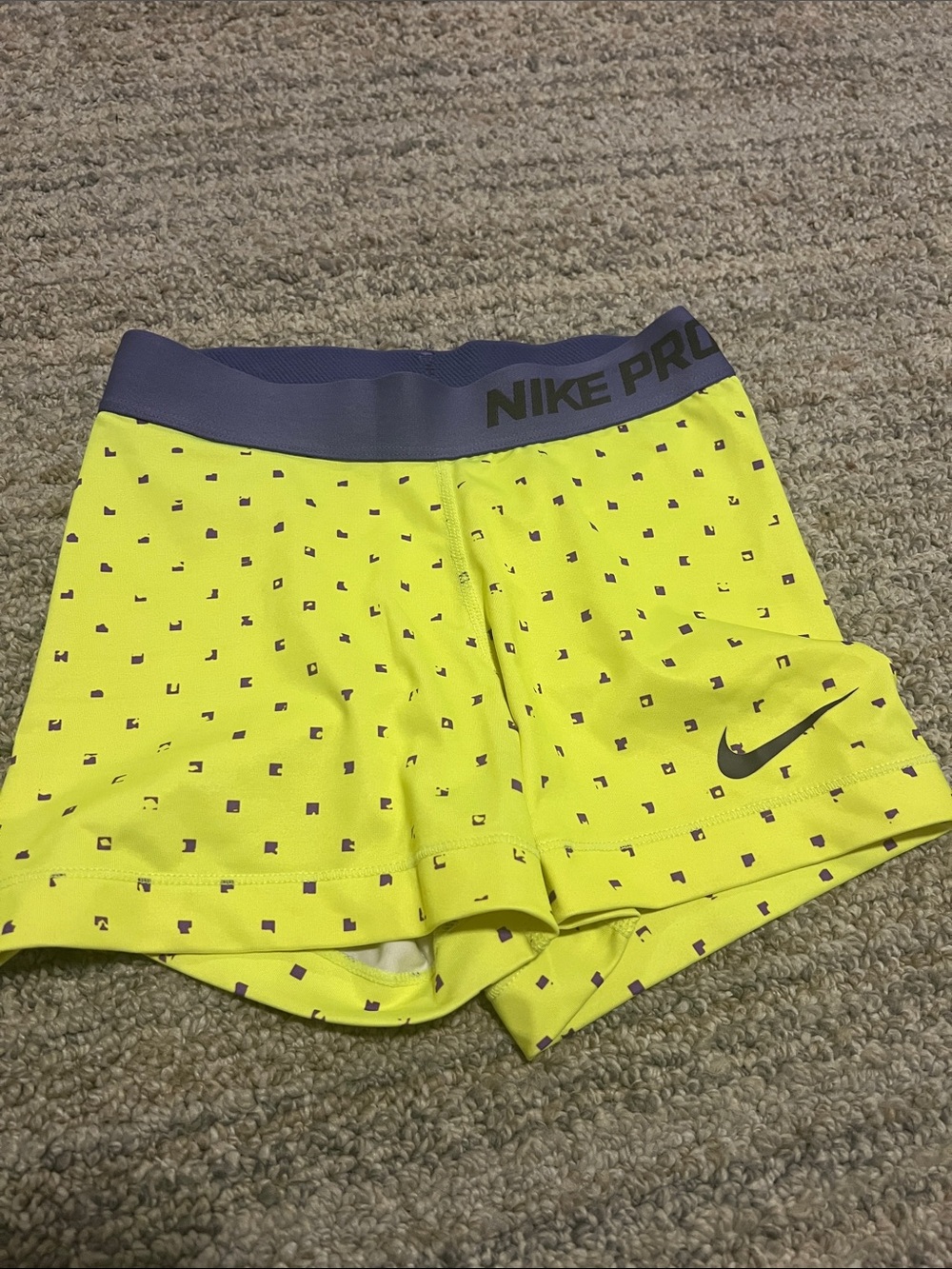 Nike Pro Women’s Workout Neon Yellow Shorts with Purple Waistband